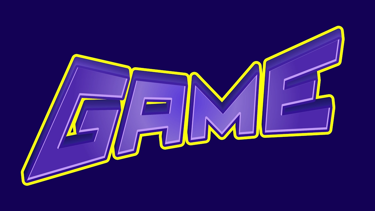 Dynamic purple 3D text in gaming style with yellow outline