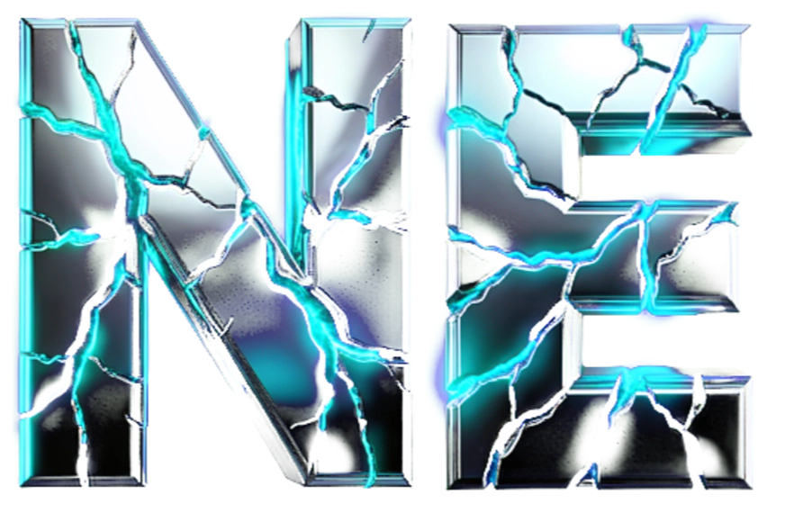 Neon glow and chrome font.