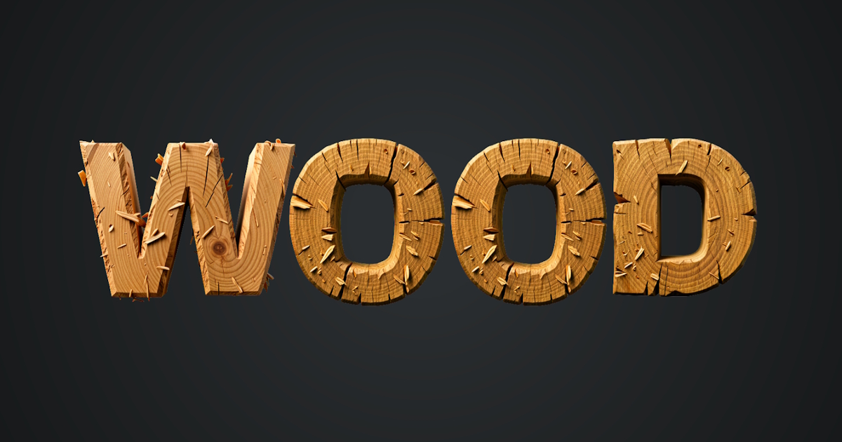 Wooden text: 3D font generation example from wood with a cut and splinters