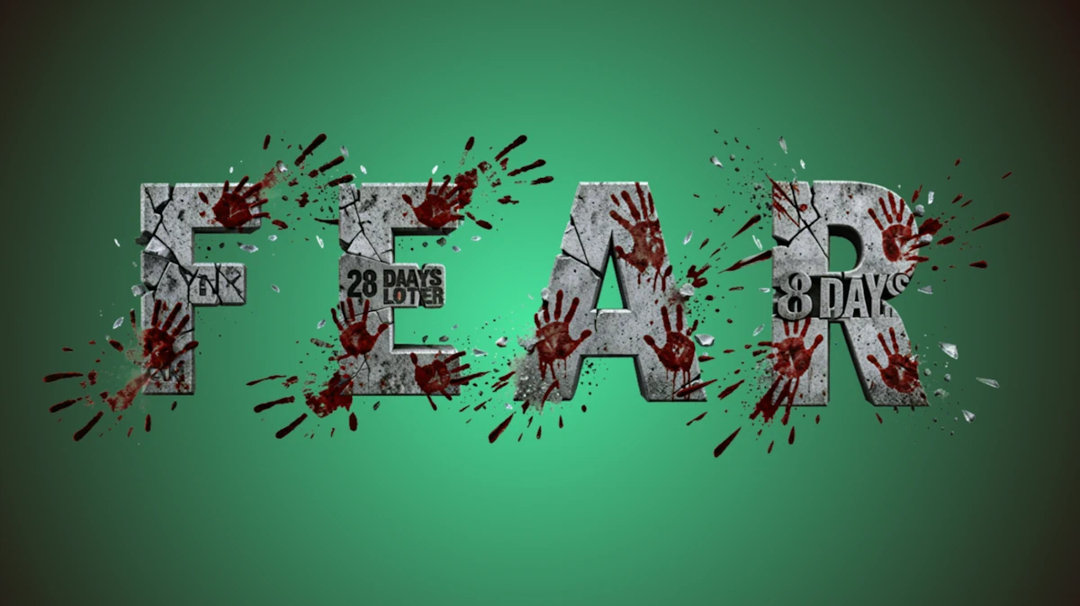 Post-apocalyptic 3D text from broken concrete with bloody handprints