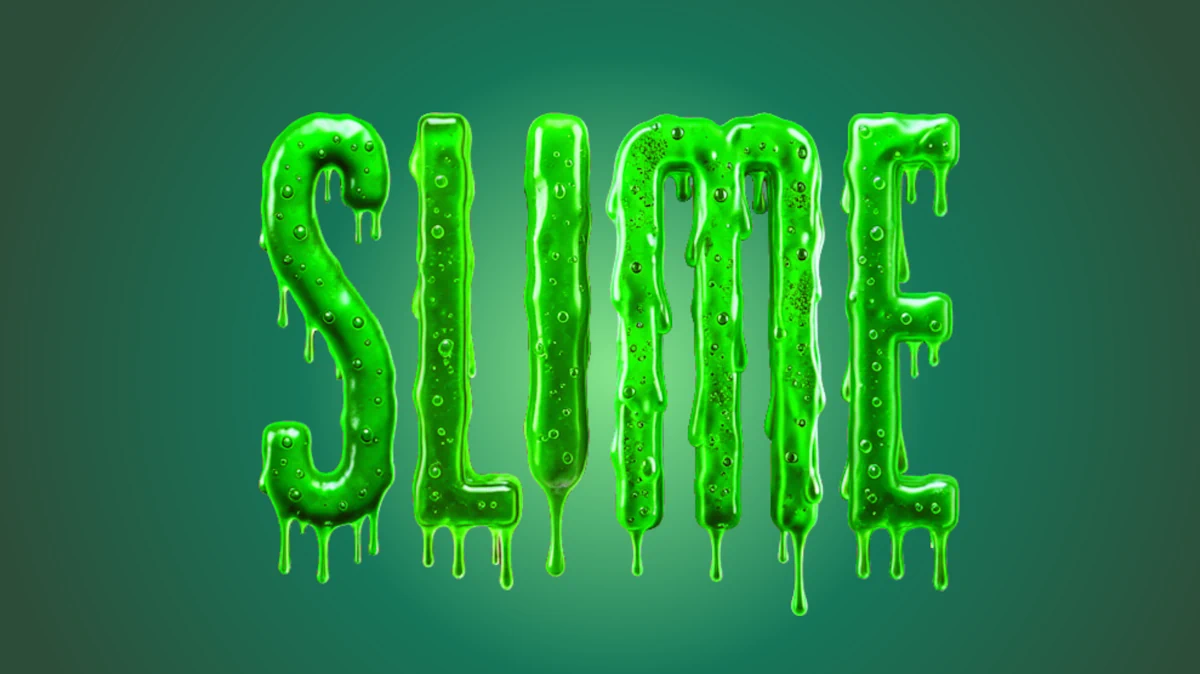 3D text from bright green slime with bubbles and slime drips