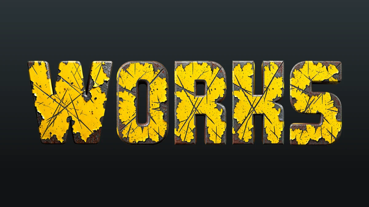 3D text from old rusty metal with peeled yellow paint and scratches