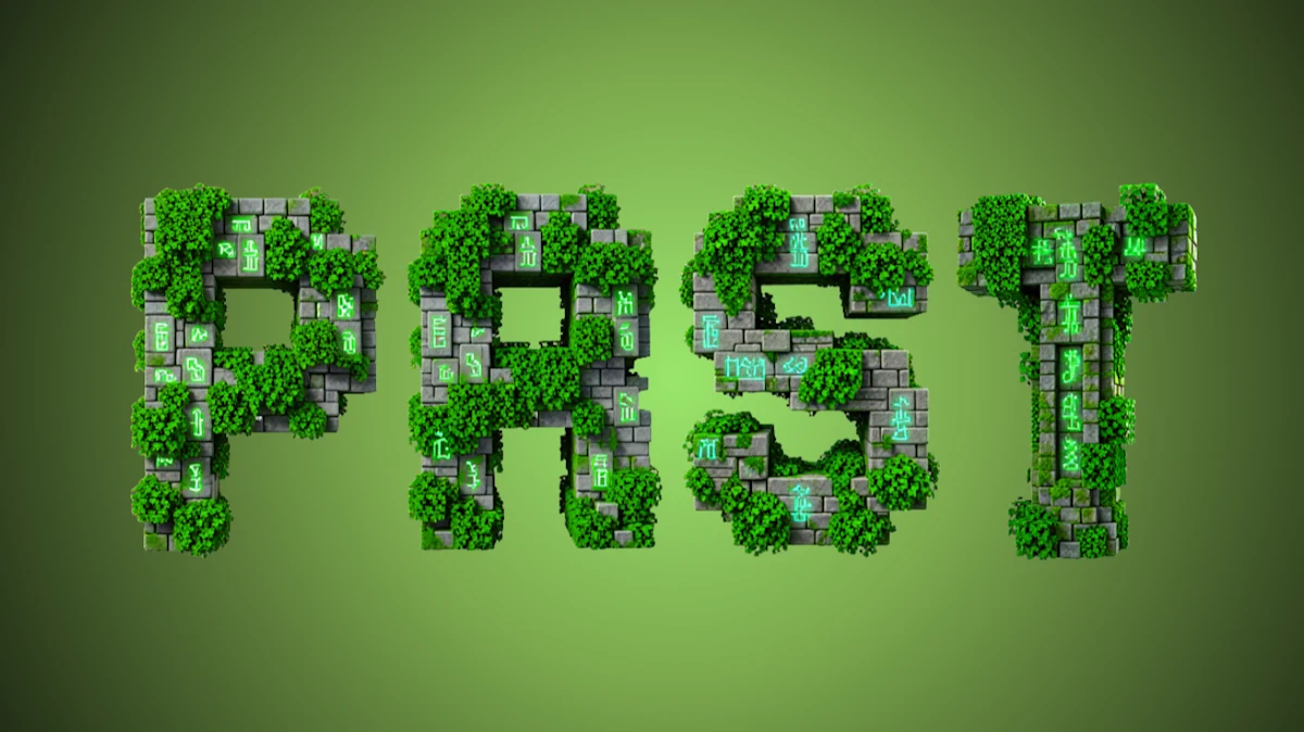 3D text from ancient stone blocks overgrown with ivy, with glowing runes