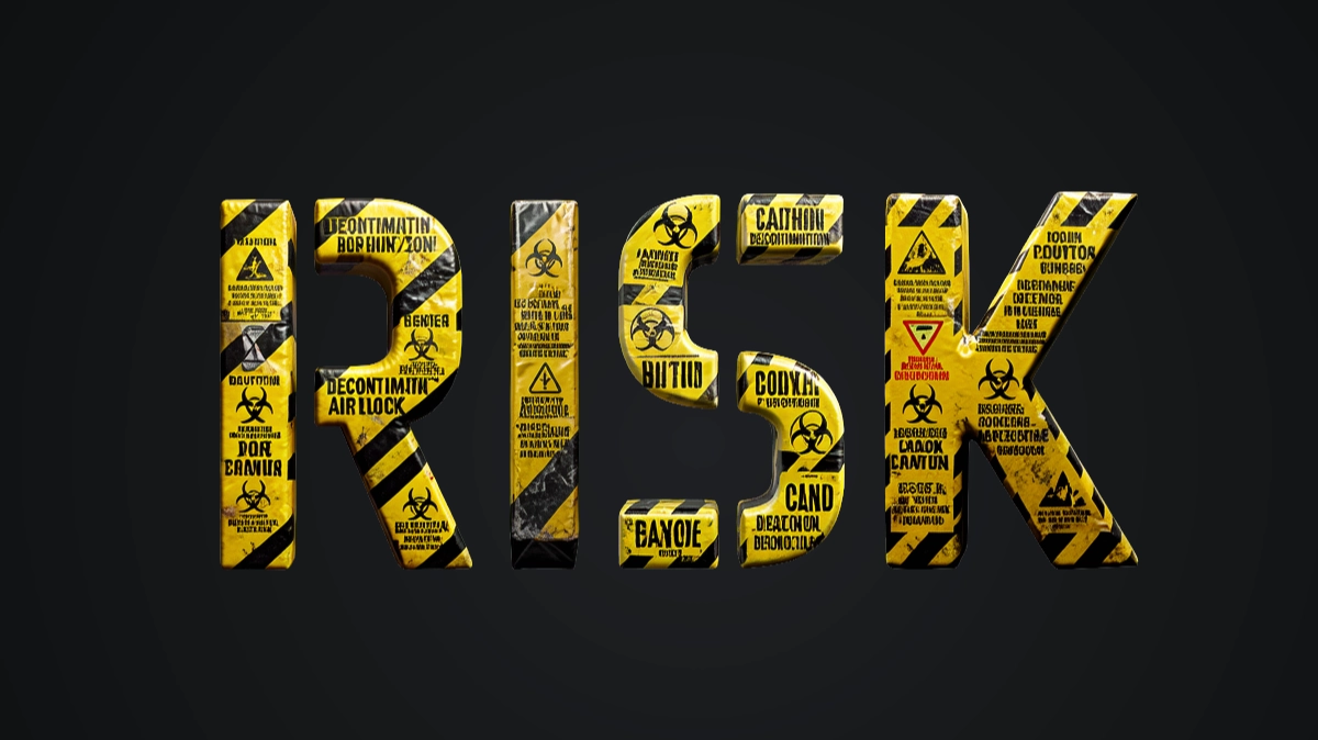 Industrial 3D text with yellow-black warning tape and biohazard signs