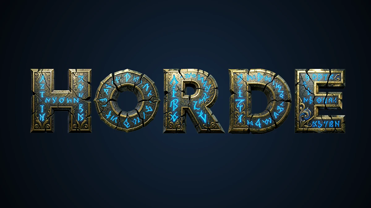 Epic 3D text from ancient stone with glowing blue magical runes