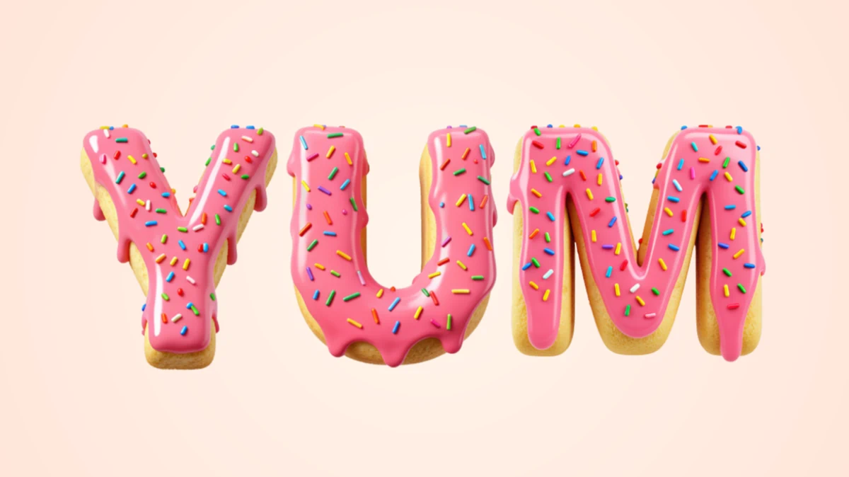 Appetizing 3D text in the form of donuts with pink glaze and colored sprinkles