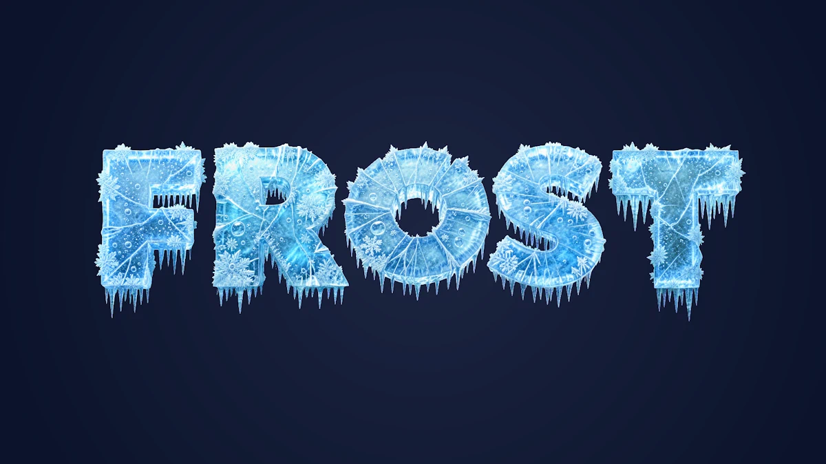 Icy 3D text with cracks, snowflakes and hanging icicles