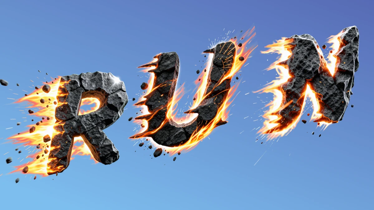 Dynamic 3D text in the form of a flying meteorite with fiery wind and sparks