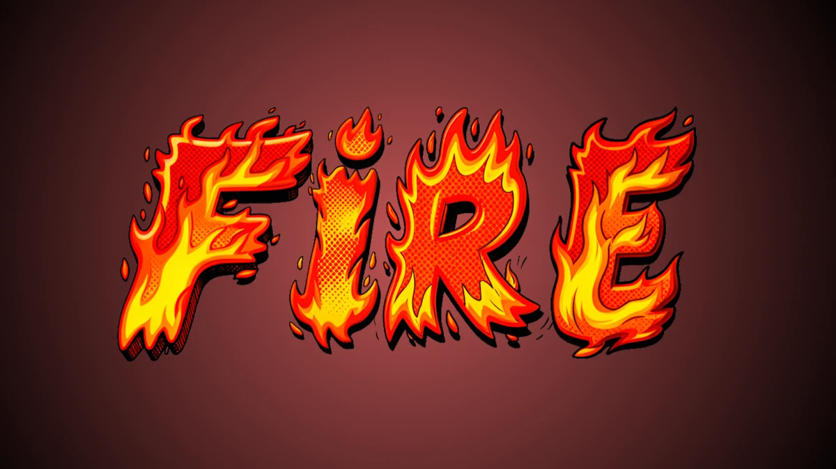 Fire text in comic style with halftone effect and flame