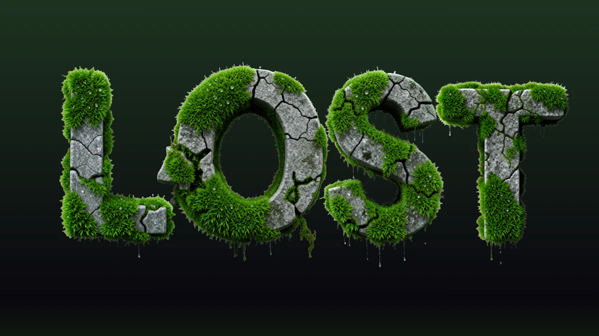 3D text from cracked stone overgrown with green moss