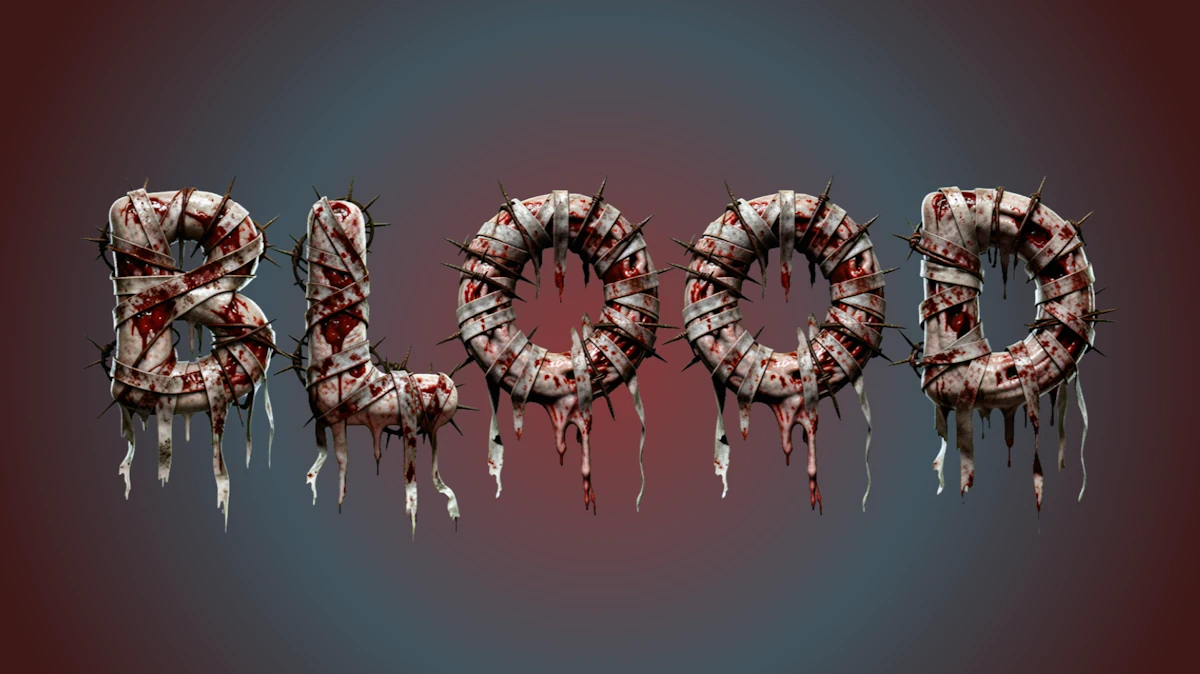Gory Blood 3D Text from Flesh in Bandages with Barbed Wire