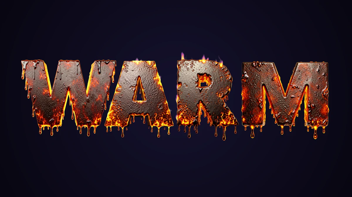 Melting 3D text from scorched metal with dripping molten lava