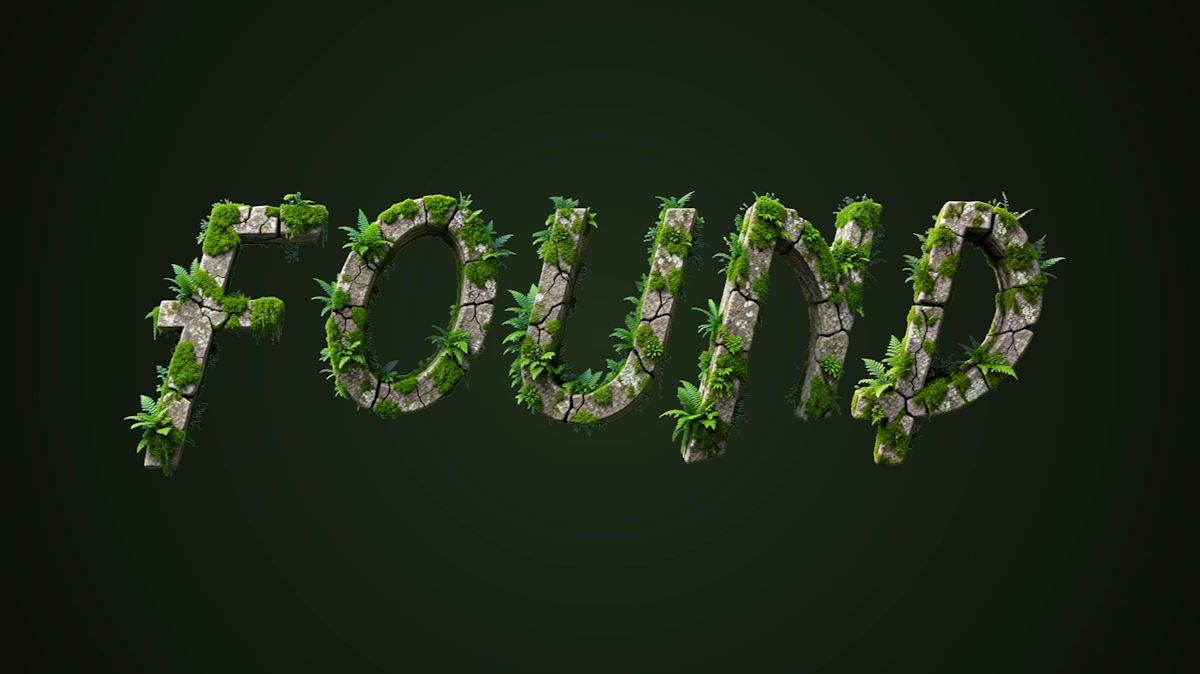 3D text from light stone overgrown with moss and ferns