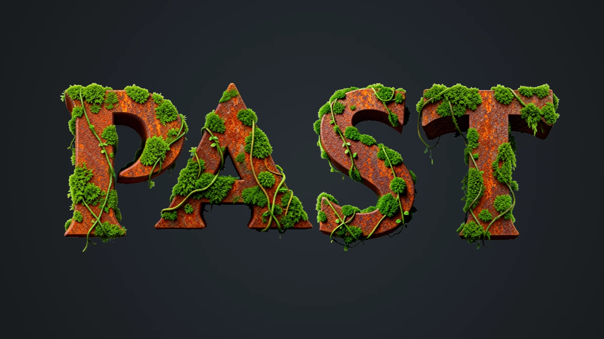 3D text from rusty metal overgrown with green moss and vines