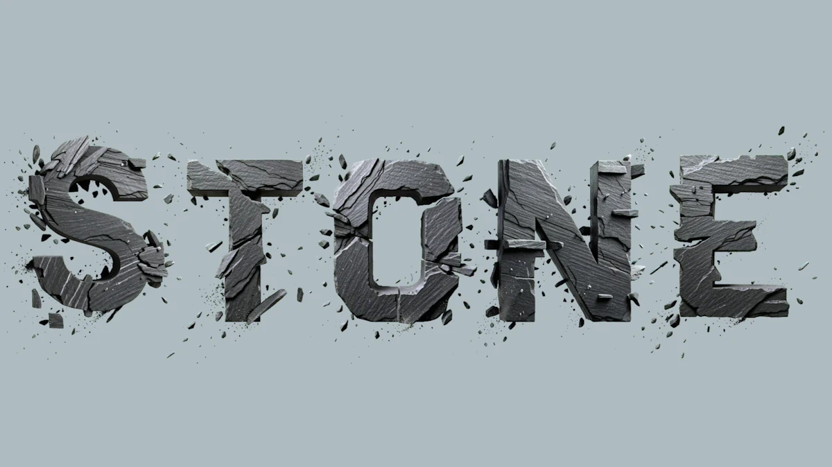 Breaking 3D text from stone with flying shards and cracks