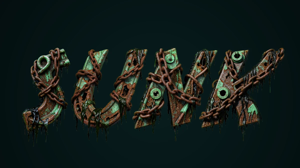 3D text from rusty metal with chains and seaweed