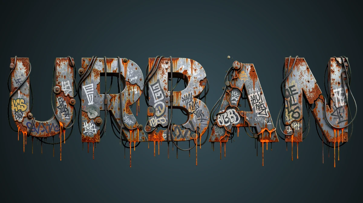3D text in urban style: rusty metal with graffiti, cables and stains